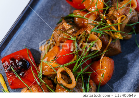 Stewed meat with vegetables and mushrooms Stewed meat with vegetables and mushrooms 115400649