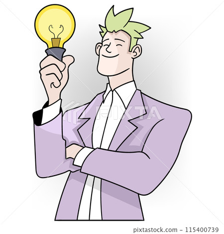 businessman holding a bulb lamp as a sign of finding the best business strategy businessman holding a bulb lamp as a sign of finding the best business strategy 115400739