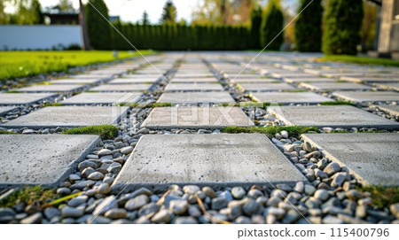Environmentally friendly eco-paving - Concrete lawn grid with gravel filling for surface unsealing at residential house parking lot 115400796