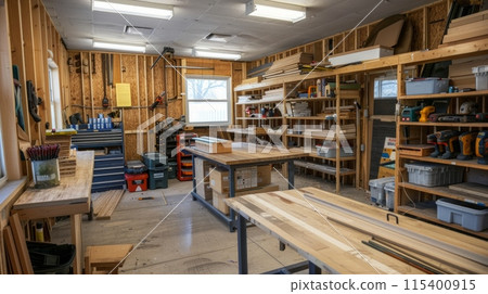 Home suburban garage interior big wooden workbench with lot of power mechanic tools at background. Spare season wheels storage shelf rack ceiling warehouse. DIY, self service and repair 115400915
