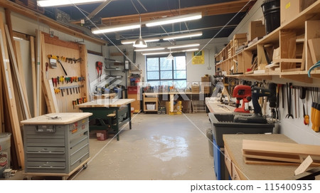 Home suburban garage interior big wooden workbench with lot of power mechanic tools at background. Spare season wheels storage shelf rack ceiling warehouse. DIY, self service and repair 115400935