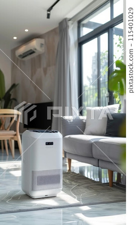 portable air conditioner or mobile air cooler in modern living room portable air conditioner or mobile air cooler in modern living room 115401029