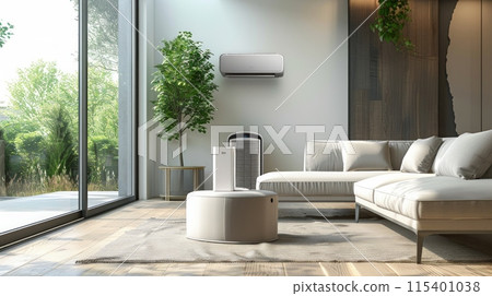 portable air conditioner or mobile air cooler in modern living room portable air conditioner or mobile air cooler in modern living room 115401038