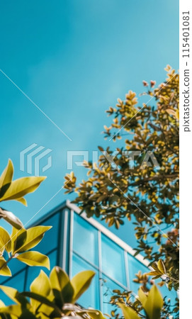 Sustainble green building. Eco-friendly building in modern city. ESG. Sustainable glass office building with green tree. Office with green environment. Corporate sustainability. Net zero emission. 115401081