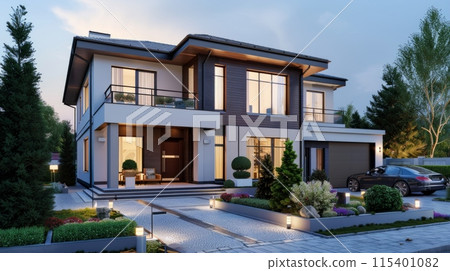 Beautiful new luxury real estate with front yard and driveway 115401082