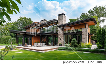 Beautiful new luxury real estate with front yard and driveway 115401083