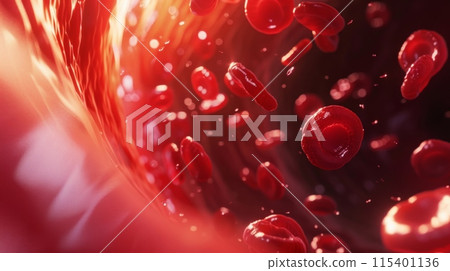 red blood cells flowing in a vessel, 3D illustration 115401136