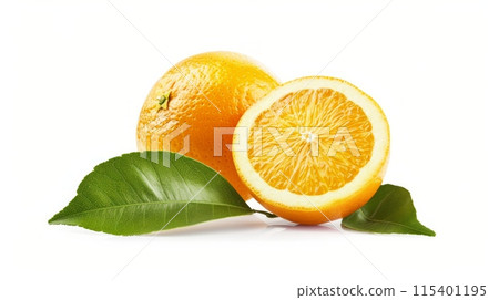 Orange with cut in half and green leaves isolated on white background. 115401195