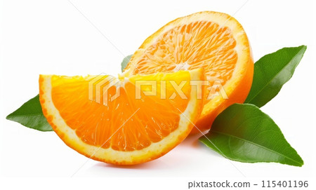 Orange with cut in half and green leaves isolated on white background. 115401196