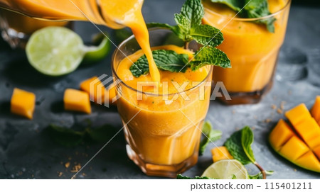 Delicious mango smoothie in glass jar on grey background with copy space. Refreshing summer drink 115401211