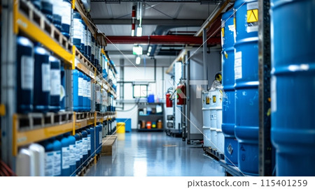Chemical storage warehouse. Containers for chemical liquids. Warehouse system. Toxic barrels are kept in stock. Warehouse storage. Chemical Industry. Plastic barrels of chemicals are on pallets. 115401259