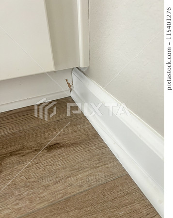 A detailed image showing modern white indoor blinds with a control stick. The blinds are mounted on a wall, providing an elegant solution for managing light and privacy in a contemporary home setting. 115401276