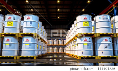 Chemical storage warehouse. Containers for chemical liquids. Warehouse system. Toxic barrels are kept in stock. Warehouse storage. Chemical Industry. Plastic barrels of chemicals are on pallets. 115401286