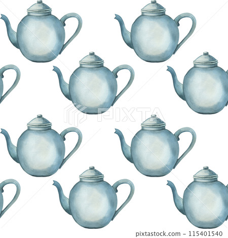 Seamless watercolor pattern. A teapot, hand painted in blue watercolor. Suitable for printing on fabric, paper, kitchen textiles, product packaging, scrapbooking. 115401540