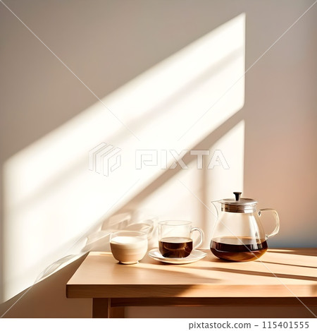 Modern Elegance: Clear Glass Coffee on Grey Wall Background 115401555