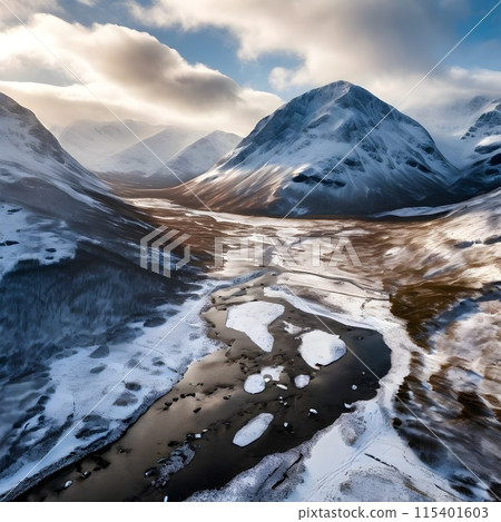 Snowy Highland Scenery: Aerial Shot of Glen Etive Snowy Highland Scenery: Aerial Shot of Glen Etive 115401603