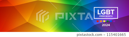 Pride month 2024 horizontal banner with gradient with pride colors flag. LGBTQ Pride month 2024 or pride day poster, flyer, banner, logo modern style design template. 115401665