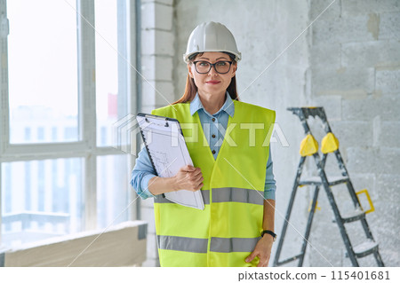 Portrait of woman builder engineer supervisor at construction 115401681