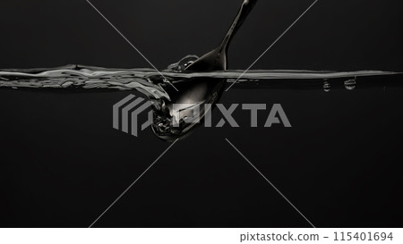 Stirring drinks by bar spoon. Underwater of silver metal bar spoon stir clear alcoholic drinks such as Vodka Gin or Tequila close up shot. Bartender spoon under clear water against grey background. Stirring drinks by bar spoon. Underwater of silver metal bar spoon stir clear alcoholic drinks such as Vodka Gin or Tequila close up shot. Bartender spoon under clear water against grey background. 115401694