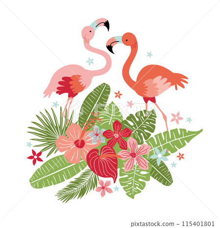 Vector illustration with pink flamingos and - Stock
