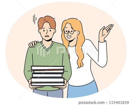 Smiling woman near unhappy man with books pile 115401839