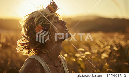 young male model with flower crown swaying to the music, his eyes closed in pure bliss 115401840