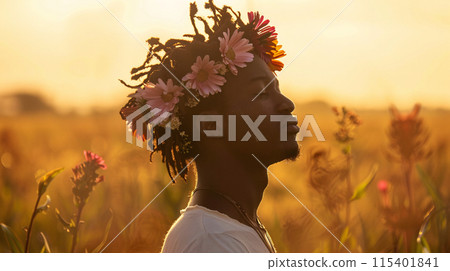 young male model with flower crown swaying to the music, his eyes closed in pure bliss 115401841