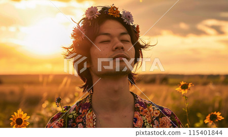 young male model with flower crown swaying to the music, his eyes closed in pure bliss 115401844