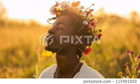 young male model with flower crown swaying to the music, his eyes closed in pure bliss 115401850