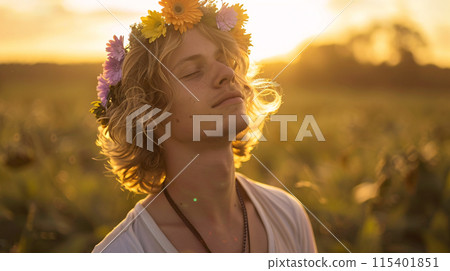young male model with flower crown swaying to the music, his eyes closed in pure bliss 115401851