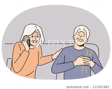 Sacred elderly woman call ambulance for sick husband 115401862