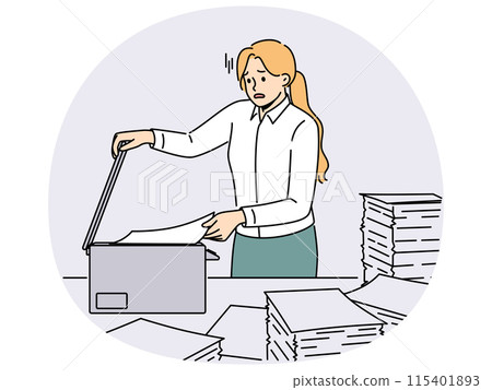 Stressed female employee duplicate paperwork in copy machine 115401893