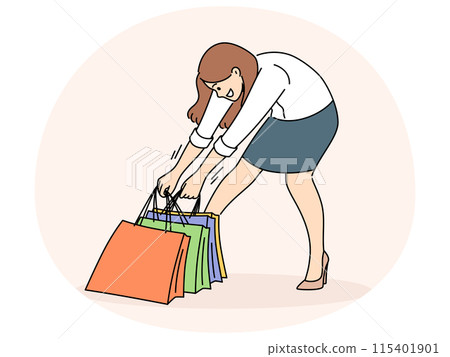 Smiling woman taking heavy shopping bags Smiling woman taking heavy shopping bags 115401901