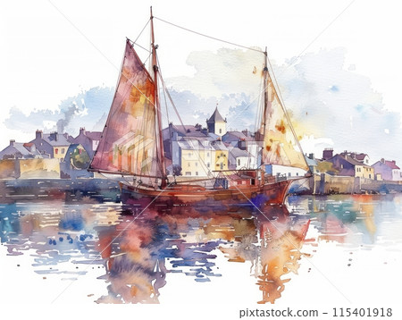 A watercolor painting of a sailboat in a harbor. The boat is brown with tan sails. The background is a town with buildings and a church. The water is reflecting the colors of the sky, orange and yello 115401918