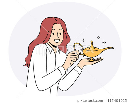 Smiling woman holding golden Aladdin lamp 115401925