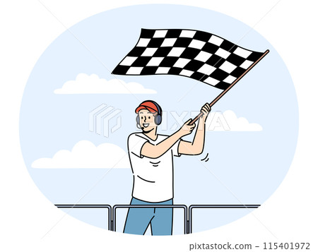 Smiling man wave with checkered flag at racing Smiling man wave with checkered flag at racing 115401972