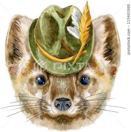 Watercolor portrait of a sable in green hat 115401998