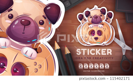 Cartoon character adorable Pug and Pumpkin, pretty animal idea for print t-shirt, poster and kids envelope, postcard. Cute hand drawn style dog 115402171