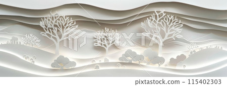 Delicate paper-cut scenes feature a snowy forest and fir trees, symbolizing New Year and Merry Christmas with their tranquil atmosphere and festive allure, banner 115402303