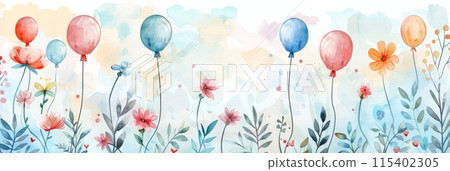 Children's illustration with a beautiful meadow with different wildflowers and colorful balloons, banner Children's illustration with a beautiful meadow with different wildflowers and colorful balloons, banner 115402305