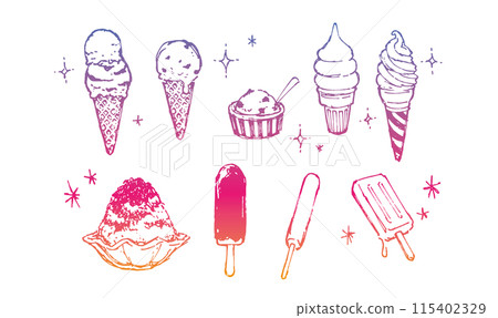 Stylish and cute hand-drawn cold sweets illustration decoration set: ice cream, soft serve ice cream, shaved ice 115402329