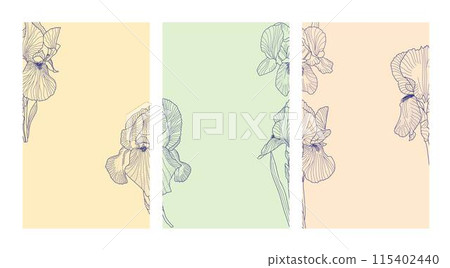 Iris flower, leaves card template outline hand drawn vector illustration, floral design element, graphic clipart for invitation, card, wedding decor, February birth month flower, botanical line art 115402440