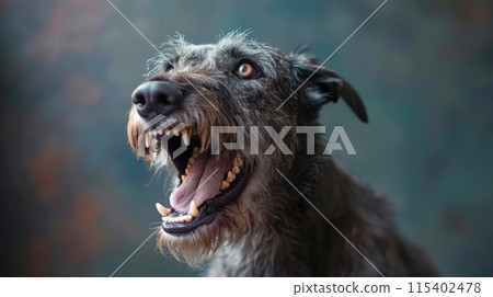 Irish Wolfhound, angry dog baring its teeth, studio lighting pastel background 115402478