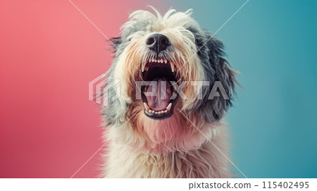 Old English Sheepdog, angry dog baring its teeth, studio lighting pastel background 115402495