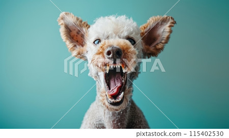 Bedlington Terrier, angry dog baring its teeth, studio lighting pastel background 115402530