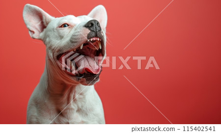 Bull Terrier, angry dog baring its teeth, studio lighting pastel background 115402541