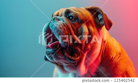 Bulldog, angry dog baring its teeth, studio lighting pastel background Bulldog, angry dog baring its teeth, studio lighting pastel background 115402542
