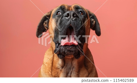 English Mastiff, angry dog baring its teeth, studio lighting pastel background 115402589