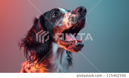 English Setter, angry dog baring its teeth, studio lighting pastel background 115402590