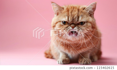 Exotic Shorthair, angry cat baring its teeth, studio lighting pastel background 115402615